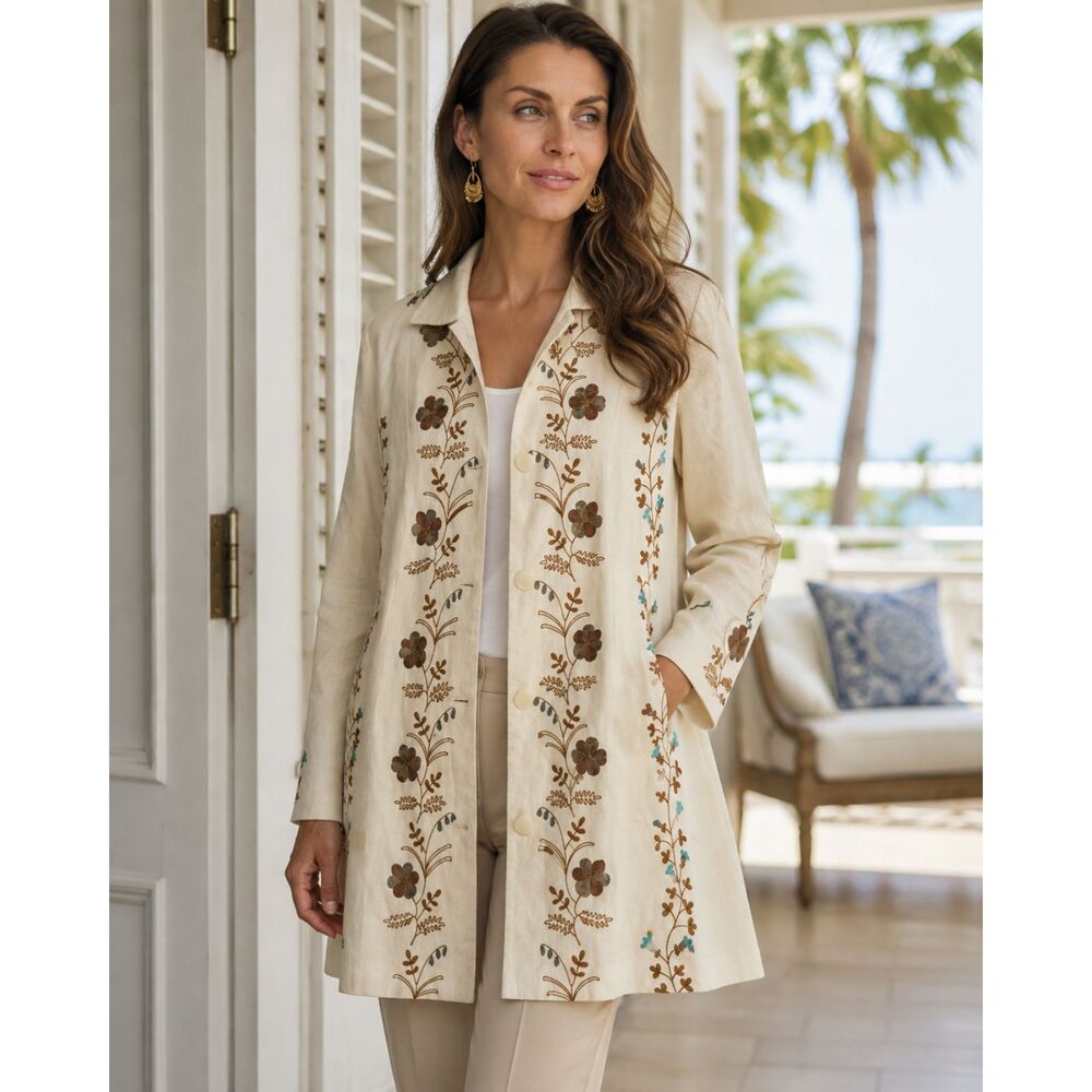 Vintage 100% Linen Coat Sigrid Olsen Women’s 10 Embroidered Duster Floral Y2K